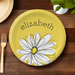 Yellow and White Whimsical Daisy with Custom Text Paper Plate<br><div class="desc">A zen and whimsical,  hipster piece of art. You can add a name,  monogram or other custom text. If you need to move the art around,  click on the customise button to make changes.</div>
