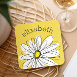 Yellow and White Whimsical Daisy with Custom Text Square Paper Coaster<br><div class="desc">A zen and whimsical,  hipster piece of art. You can add a name,  monogram or other custom text. If you need to move the art around,  click on the customise button to make changes.</div>