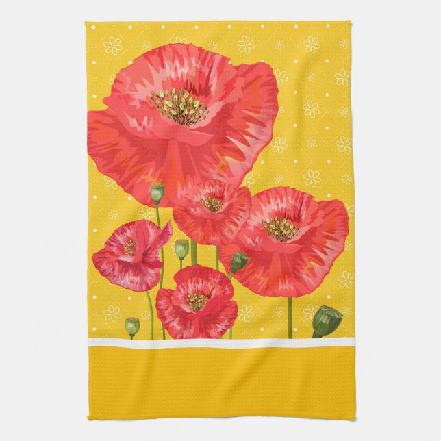 Yellow and White with Summery Red Poppies Tea Towel (Vertical)