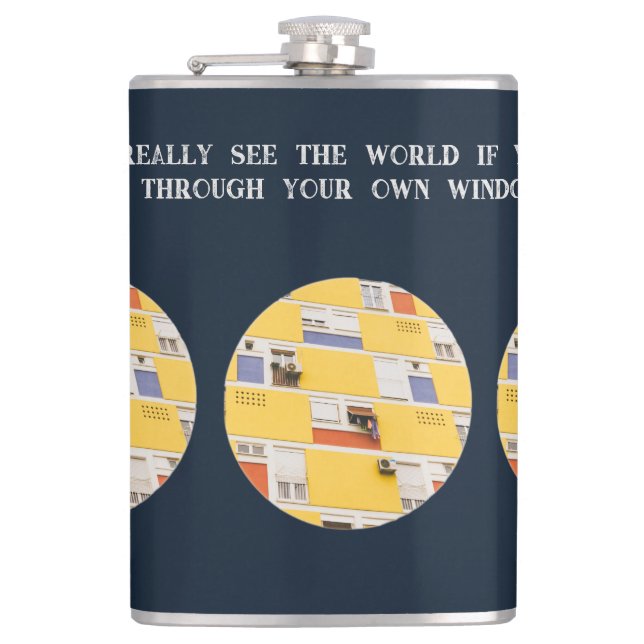 Yellow apartment building hip flask (Front)