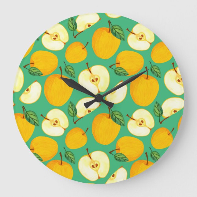 Yellow Apple: Juicy Watercolor Pattern. Large Clock (Front)