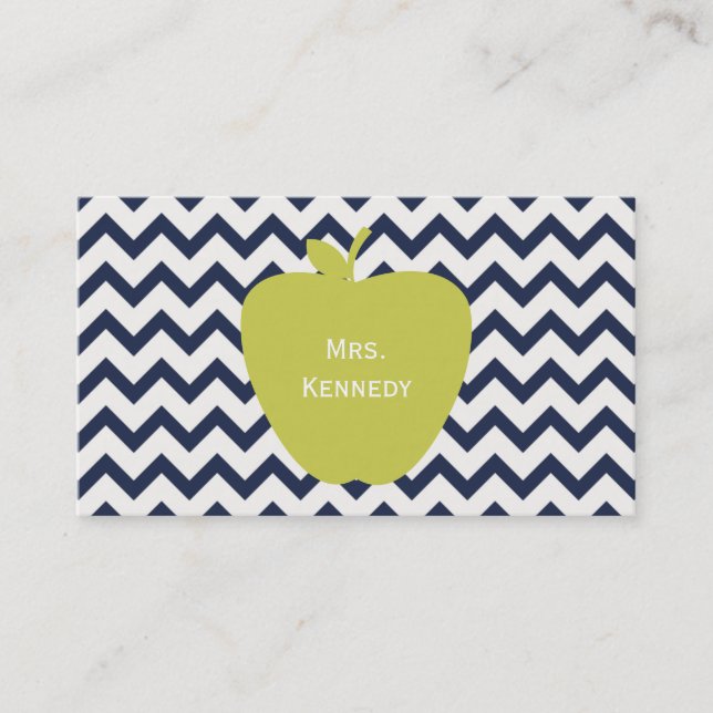 Yellow Apple Navy Chevron Teacher Business Card (Front)