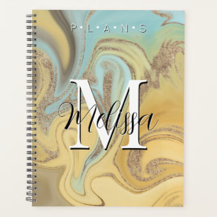 Yellow Aqua Gold Modern Monogram Abstract Planner