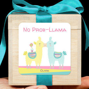 Yellow aqua llama kissing cute kawaii girly school square sticker