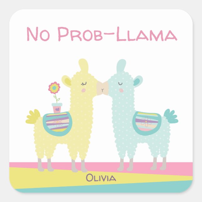 Yellow aqua llama kissing cute kawaii girly school square sticker (Front)