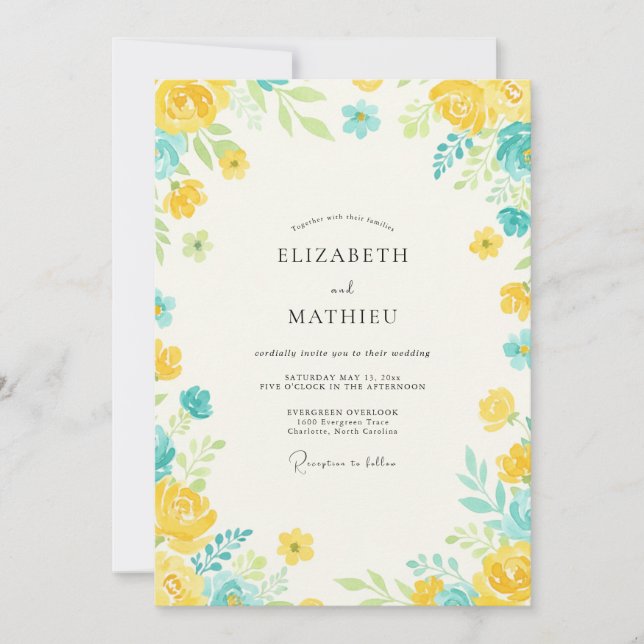 Yellow Aqua Petal Wedding Invitation (Front)