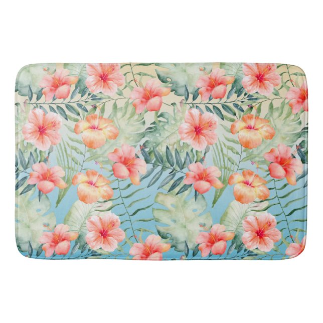  Yellow Aqua Pink Peach Hibiscus Floral  Bath Mat (Front)