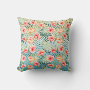  Yellow Aqua Pink Peach Hibiscus Floral     Cushion