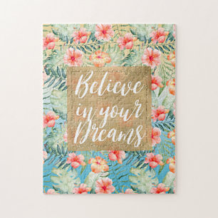  Yellow Aqua Pink Peach Hibiscus Floral Gold Dream Jigsaw Puzzle