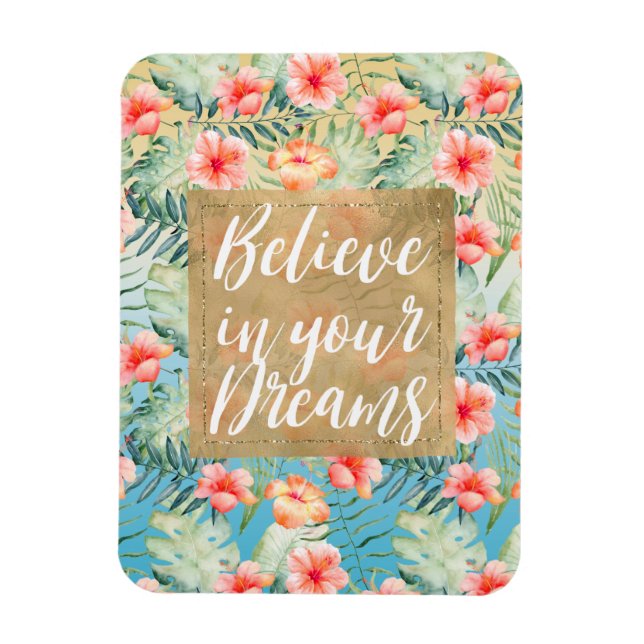  Yellow Aqua Pink Peach Hibiscus Floral Gold Dream Magnet (Vertical)