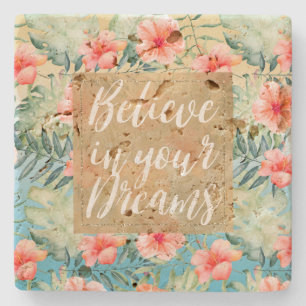 Yellow Aqua Pink Peach Hibiscus Floral Gold Dream Stone Coaster