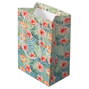 Yellow Aqua Pink Peach Hibiscus Floral Tissue Pap Medium Gift Bag