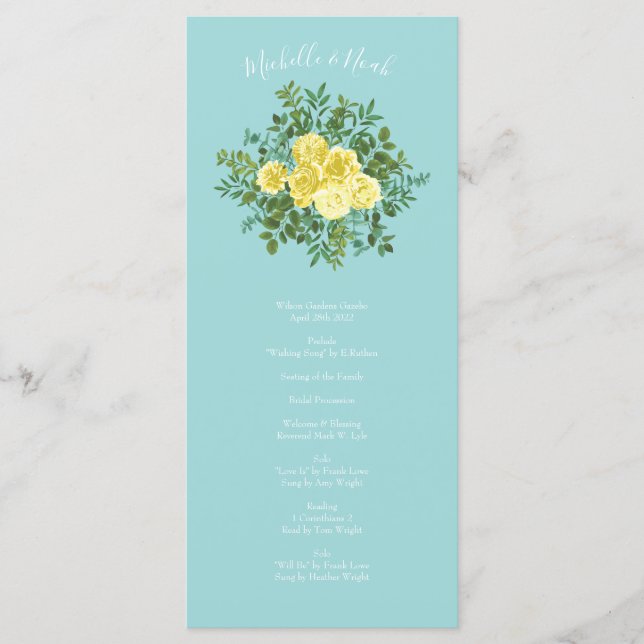 Yellow Aqua Teal Rose Wedding Programs Menu (Front)