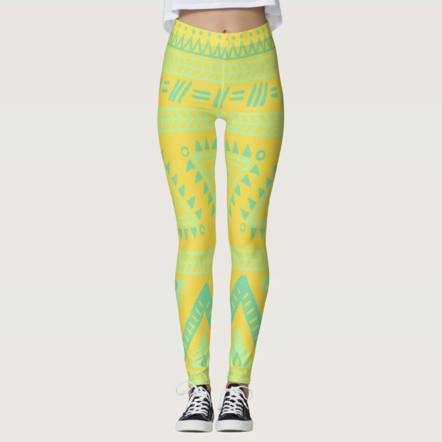 Yellow Aqua Tribal Pattern Leggings (Front)