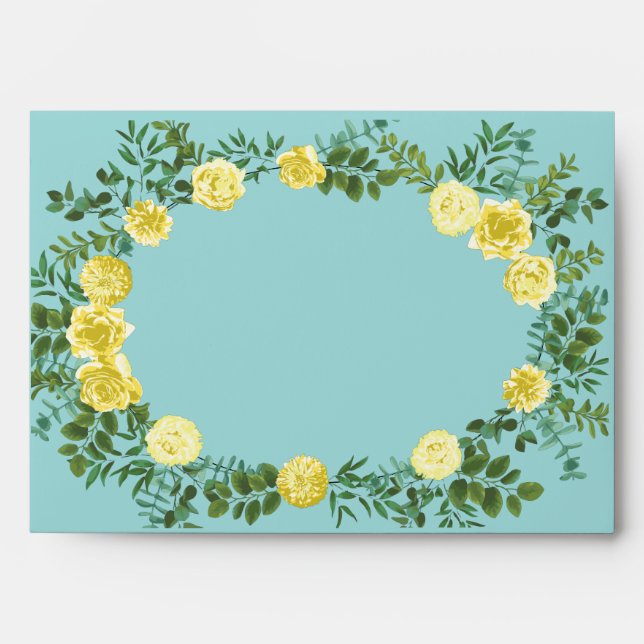 Yellow & Aqua Vintage Spring Floral Wedding Envelope (Front)