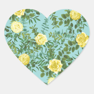 Yellow & Aqua Vintage Spring Floral Wedding Heart Sticker