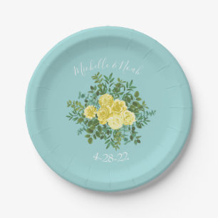 Yellow & Aqua Vintage Spring Floral Wedding Paper Plate