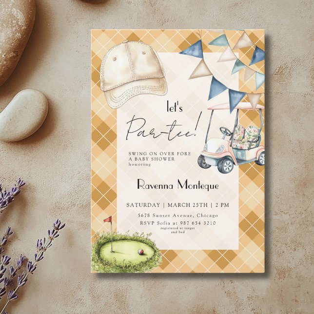 Yellow Argyle Golf Scene Lets Par Tee Baby Shower Invitation (Creator Uploaded)