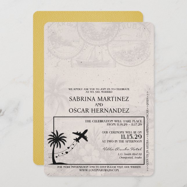 Yellow Aruba Passport Wedding Invitation (Front/Back)