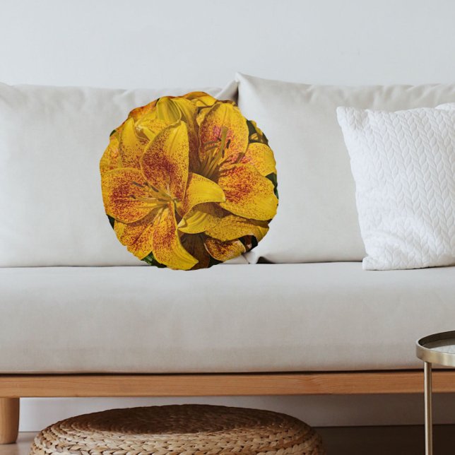 Yellow Asiatic Lily Blooms Floral Round Cushion (In Situ Sofa)