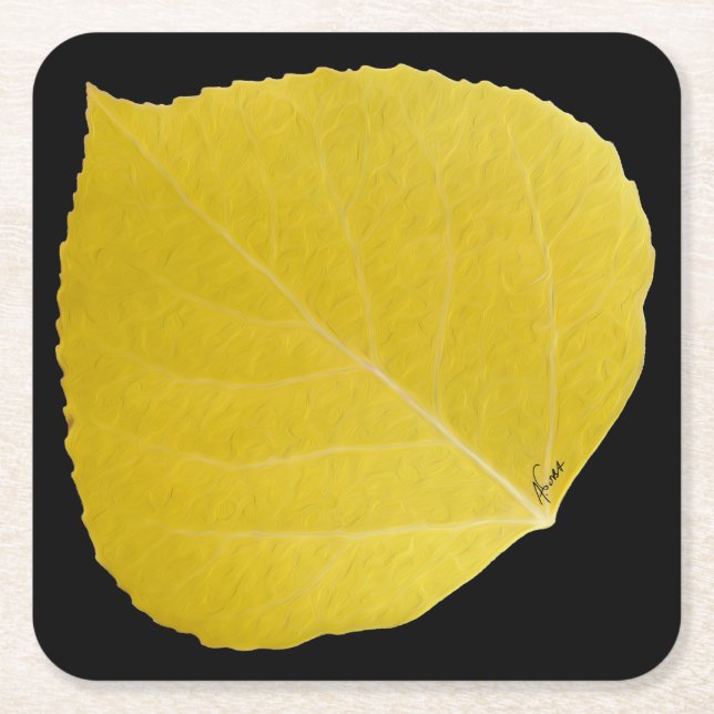 Yellow Aspen Leaf #5 Square Paper Coaster (Front)