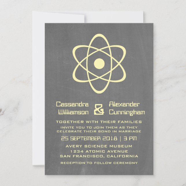 Yellow Atomic Chalkboard Wedding Invite (Front)