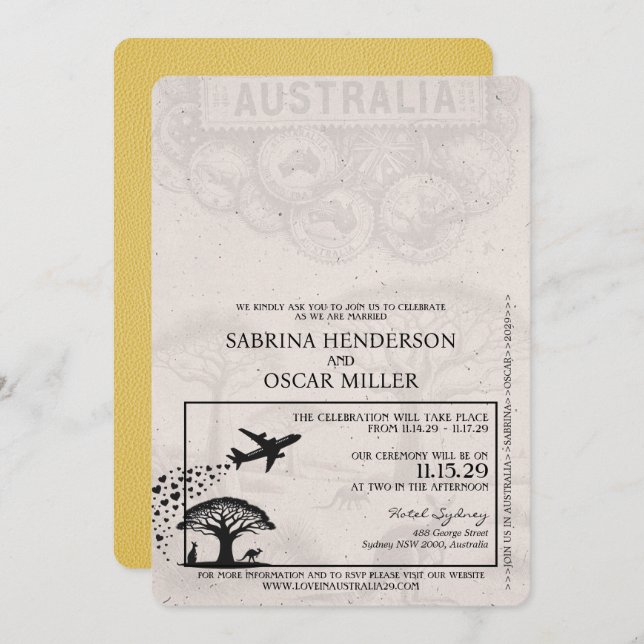 Yellow Australia Passport Wedding Invitation (Front/Back)