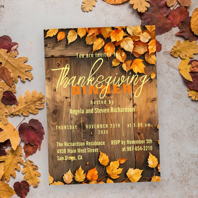Yellow Autumn Leaves on Barn Wood Thanksgiving Invitation (Creator Uploaded)