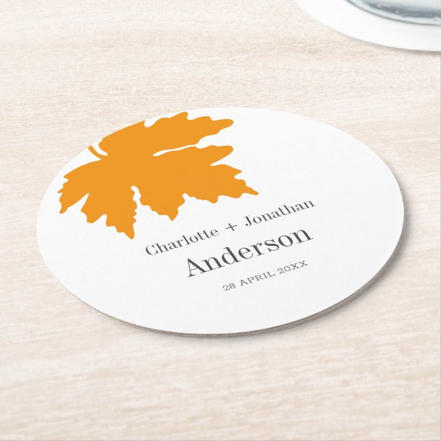 Yellow Autumn Maple Leaf Wedding Party Round Paper Coaster (Angled)