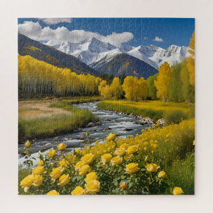 Yellow Autumn Snowy Mountains Aspen River Jigsaw Puzzle