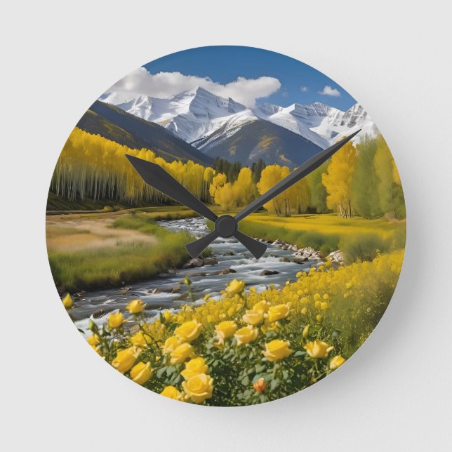 Yellow Autumn Snowy Mountains Aspen River Round Clock (Front)