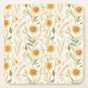 Yellow Autumn Sunflowers Square Paper Coaster
