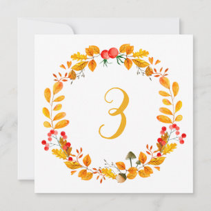 Yellow autumn table number. Orange fall wedding Invitation