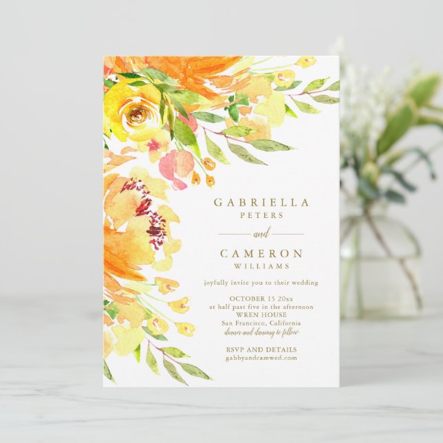 Yellow Autumn Watercolor Floral Elegant Wedding Invitation (Standing Front)