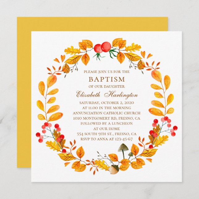 Yellow autumn wreath. Baby girl fall baptism Invitation (Front/Back)