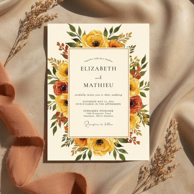 Yellow Autumnal Floral Wedding Invitation (Creator Uploaded)