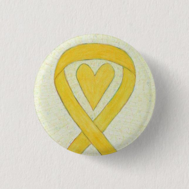 Yellow Awareness Ribbon Heart Custom Pin Buttons (Front)