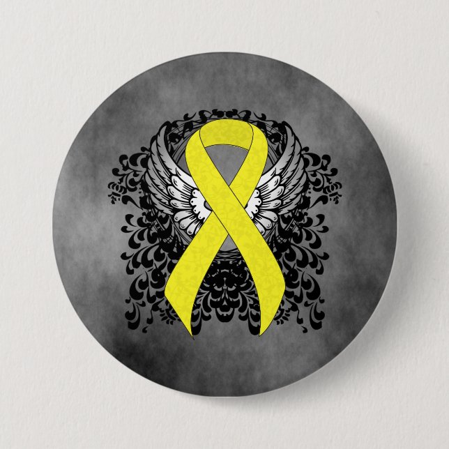 Yellow Awareness Ribbon with Wings 7.5 Cm Round Badge (Front)