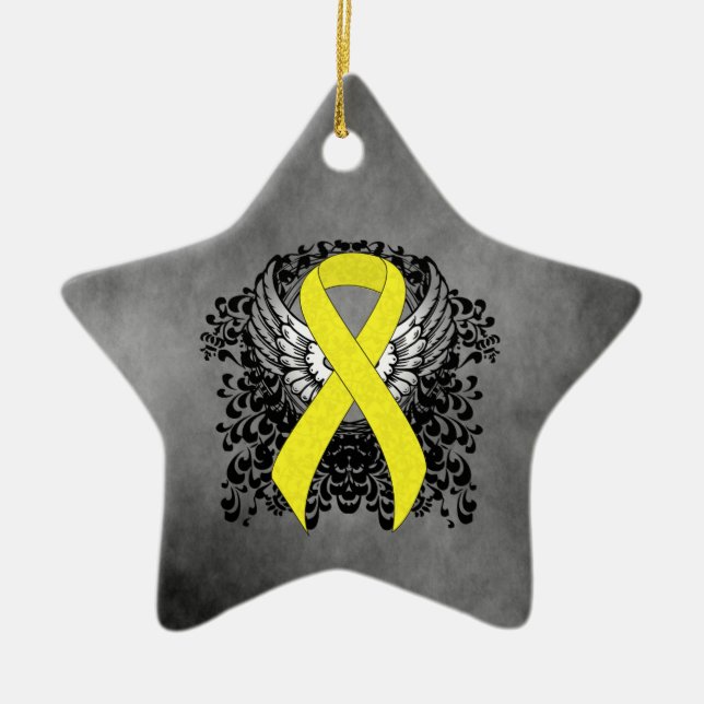 Yellow Awareness Ribbon with Wings Ceramic Tree Decoration (Front)