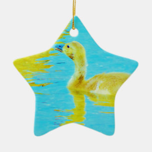 Yellow Baby goose with light blue water Ceramic Tree Decoration