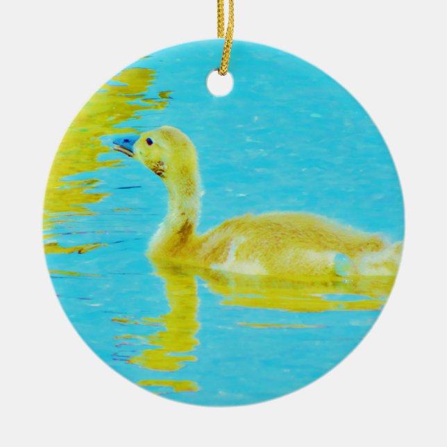 Yellow Baby goose with light blue water Ceramic Tree Decoration (Front)