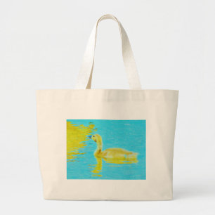 Yellow Baby goose with light blue water Large Tote Bag