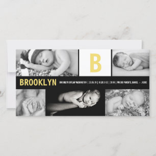 Yellow Baby Monogram 5 Photo Collage Modern Birth Announcement