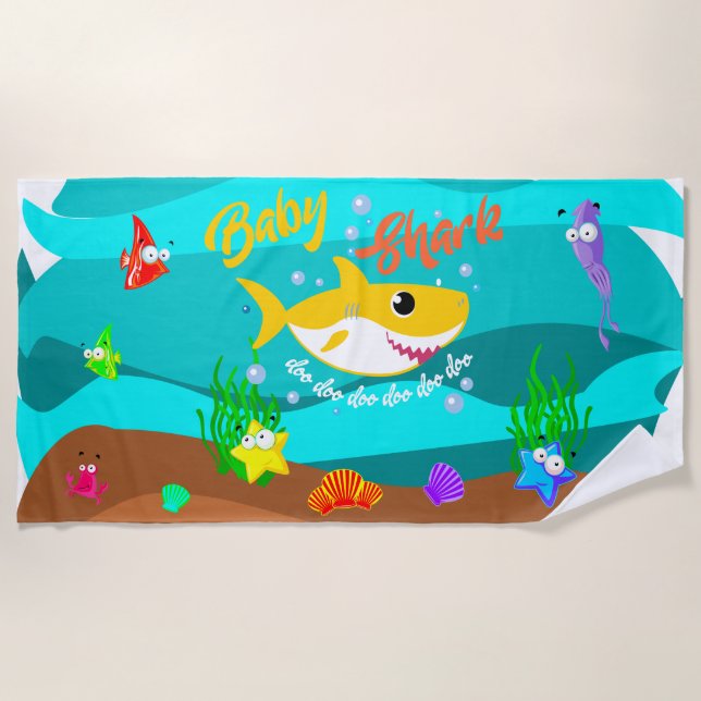 Yellow Baby Shark and Friends doo doo doo Beach Towel (Front)