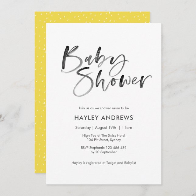Yellow Baby Shower invitation - hand lettered (Front/Back)