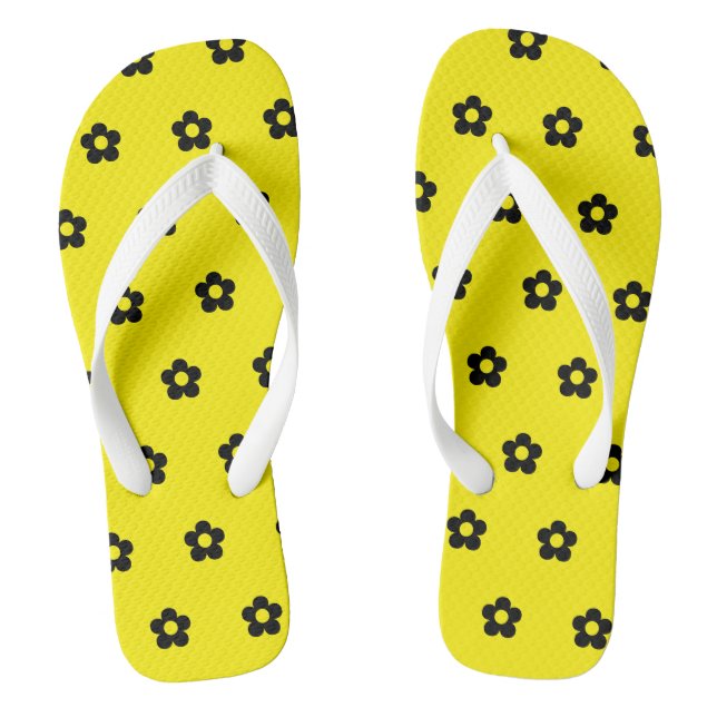 Yellow Background Black Flowers Beach Outing Tour Jandals (Footbed)