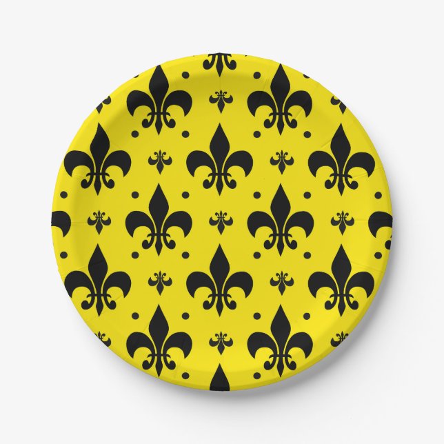 Yellow Background Fleur-de-lis Pattern Design  Paper Plate (Front)