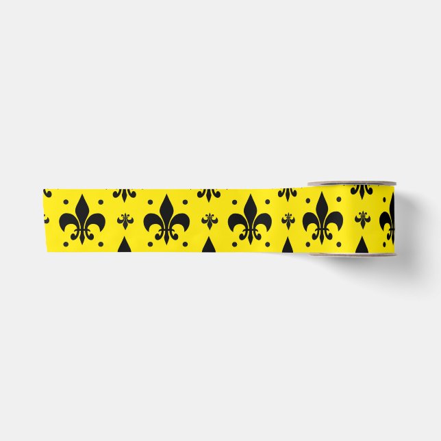 Yellow Background Fleur-de-lis Pattern Design  Satin Ribbon (Front)