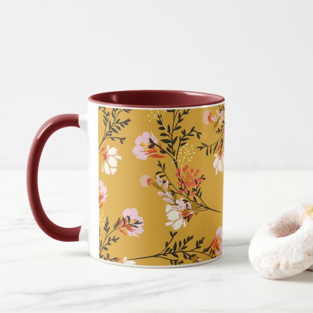 Yellow background flowers mug (With Donut)