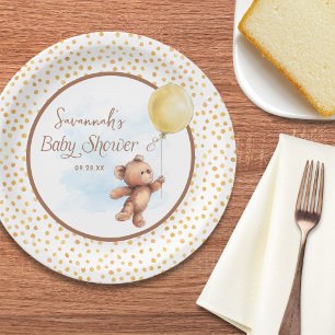 Yellow Balloon Teddy Bear Baby Shower Paper Plate
